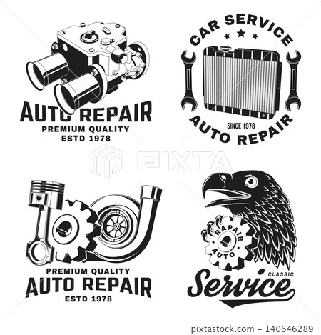 Vintage Garage Service Badge Collection Vol. 3. Retro Automotive Repair Emblems Set with Oil Can, Tool Chest, Turbocharger, Carburetor, Radiator and Eagle Vector Illustrations. Classic Mechanic Vintage Garage Service Badge Collection Vol. 3. Retro Automotive Repair Emblems Set with Oil Can, Tool Chest, Turbocharger, Carburetor, Radiator and Eagle Vector Illustrations. Classic Mechanic 140646289