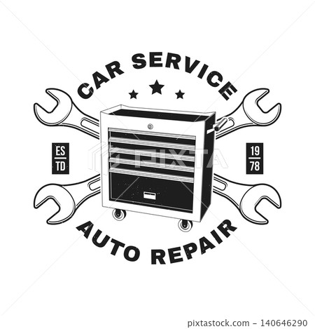 Vintage Tool Chest Car Service Badge. Retro Automotive Workshop Emblem with Mechanic Toolbox Vector Illustration. Classic Garage Repair Design for Auto Service Branding Vintage Tool Chest Car Service Badge. Retro Automotive Workshop Emblem with Mechanic Toolbox Vector Illustration. Classic Garage Repair Design for Auto Service Branding 140646290