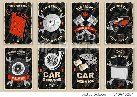Vintage Garage Posters Collection. Retro Automotive Repair Wall Art Set with Fuel Can, Brake Disc, Pistons and Classic Car Vector Illustrations Vintage Garage Posters Collection. Retro Automotive Repair Wall Art Set with Fuel Can, Brake Disc, Pistons and Classic Car Vector Illustrations 140646294