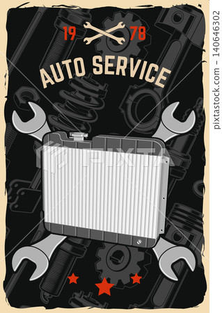 Vintage Radiator Auto Service Poster. Retro Automotive Repair Wall Art with Cooling System Vector Illustration. Classic Garage Workshop Design for Mechanic Branding Vintage Radiator Auto Service Poster. Retro Automotive Repair Wall Art with Cooling System Vector Illustration. Classic Garage Workshop Design for Mechanic Branding 140646302