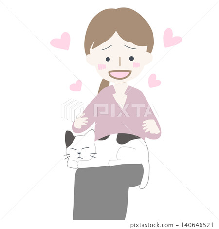 一幅插畫,描繪了一位女士面帶微笑,撫摸著睡在她腿上的愛貓,享受著此刻的寧靜與慰藉。 (配一顆心) 一幅插畫,描繪了一位女士面帶微笑,撫摸著睡在她腿上的愛貓,享受著此刻的寧靜與慰藉。 (配一顆心) 140646521
