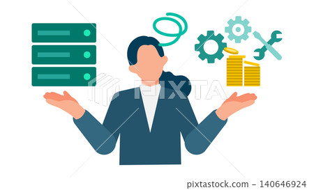 An illustration of a woman weighing the costs and maintenance of on-premises servers. For understanding the current situation and analyzing challenges. An illustration of a woman weighing the costs and maintenance of on-premises servers. For understanding the current situation and analyzing challenges. 140646924