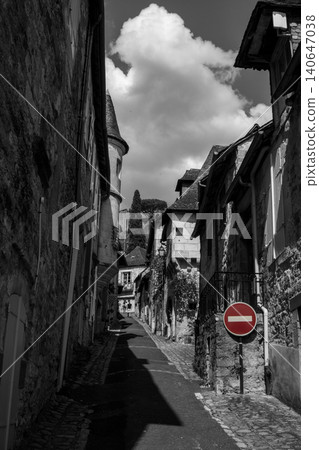 Medieval european alleyway with selective color stop sign Medieval european alleyway with selective color stop sign 140647038