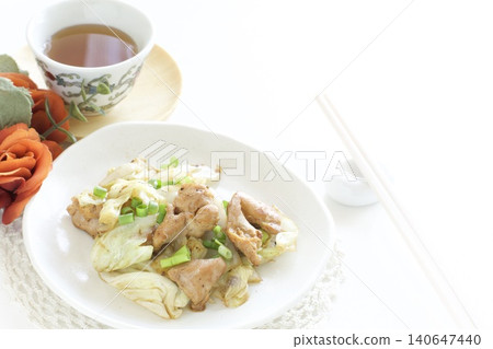 Stir-fried chicken and cabbage and Chinese tea Stir-fried chicken and cabbage and Chinese tea 140647440