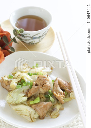 Stir-fried chicken and cabbage and Chinese tea Stir-fried chicken and cabbage and Chinese tea 140647441