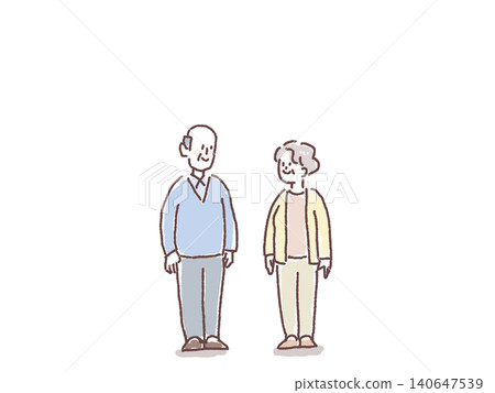 A full-body illustration of an elderly couple gazing at each other and smiling. 140647539
