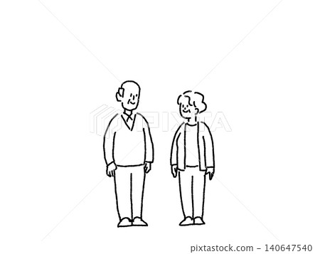 A full-body line drawing of an elderly couple gazing at each other and smiling. A full-body line drawing of an elderly couple gazing at each other and smiling. 140647540
