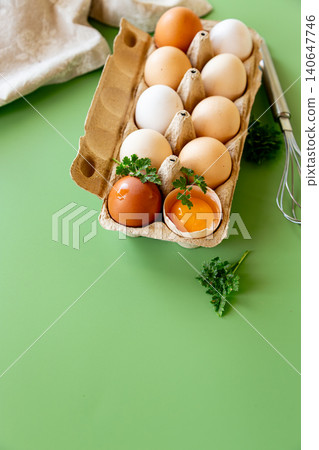 Healthy organic eggs with yolk and kitchen utensil flat lay Healthy organic eggs with yolk and kitchen utensil flat lay 140647746
