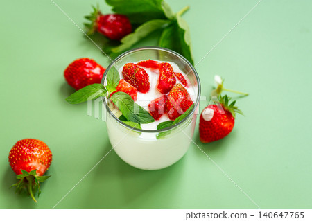 Healthy creamy yogurt with ripe strawberries and basil Healthy creamy yogurt with ripe strawberries and basil 140647765