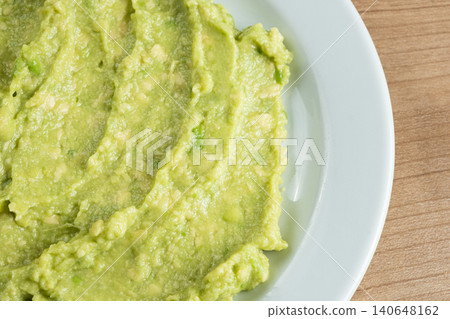 Fresh homemade guacamole sauce served on a white ceramic plate, top view copy space. 140648162