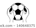 Simple line drawing vector illustration of a soccer ball held in both hands - front view 140648375