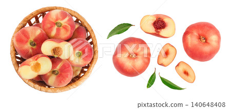 chinese flat donut peaches in a wicker basket isolated on white background. Top view. Flat lay chinese flat donut peaches in a wicker basket isolated on white background. Top view. Flat lay 140648408