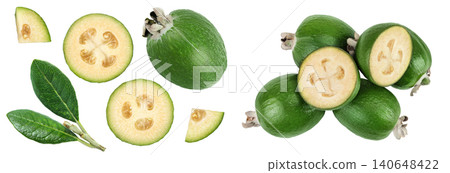 Feijoa fruit isolated on white background. Top view. Flat lay Feijoa fruit isolated on white background. Top view. Flat lay 140648422