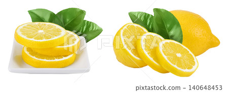 Ripe lemon slices in ceramic bowl isolated on white background with full depth of field. Ripe lemon slices in ceramic bowl isolated on white background with full depth of field. 140648453