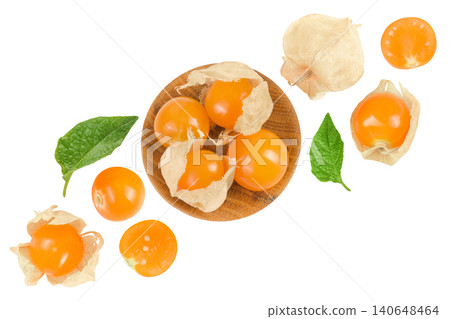 Cape gooseberry or physalis in wooden bowl isolated on white background wit full depth of field. Top view. Flat lay Cape gooseberry or physalis in wooden bowl isolated on white background wit full depth of field. Top view. Flat lay 140648464