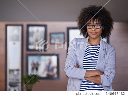 Home office, portrait and confident businesswoman with glasses, pride and professional at window. Female person, business and woman with arms crossed for break or startup and entrepreneur indoors 140648482