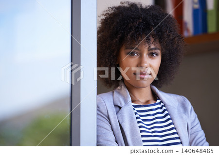 Portrait, business and happy black woman in startup for entrepreneur, designer and creative company. Face, proud and young afro female person for confidence, happiness and pride in workplace Portrait, business and happy black woman in startup for entrepreneur, designer and creative company. Face, proud and young afro female person for confidence, happiness and pride in workplace 140648485