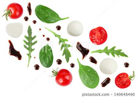 Mix salad - arugula, spinach, chard, cherry tomatoes and mozzarella isolated on white background. Top view. Flat lay Mix salad - arugula, spinach, chard, cherry tomatoes and mozzarella isolated on white background. Top view. Flat lay 140648490