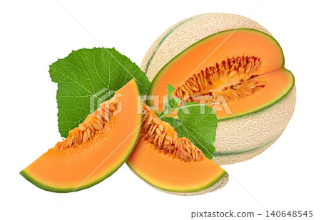 Cantaloupe melon piece isolated on white background with full depth of field. Cantaloupe melon piece isolated on white background with full depth of field. 140648545