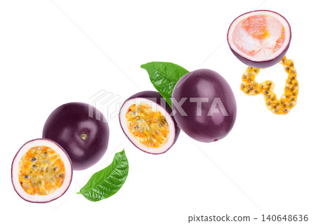 passion fruits or maracuya isolated on white background. Top view. Flat lay passion fruits or maracuya isolated on white background. Top view. Flat lay 140648636