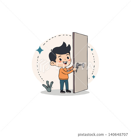 This illustration depicts a young boy confidently unlocking a door with a key, symbolizing his growing independence and responsibility. It captures a moment of child development and showcases themes This illustration depicts a young boy confidently unlocking a door with a key, symbolizing his growing independence and responsibility. It captures a moment of child development and showcases themes 140648707