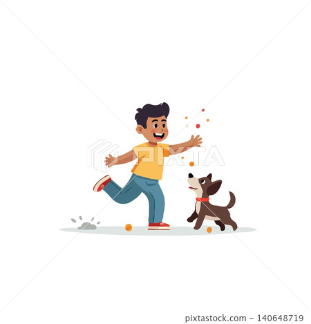 An animated portrayal captures the essence of childhood glee as a boy joyfully runs with his dog, radiating fun and freedom. The vibrant illustration showcases a heartwarming bond between a child An animated portrayal captures the essence of childhood glee as a boy joyfully runs with his dog, radiating fun and freedom. The vibrant illustration showcases a heartwarming bond between a child 140648719