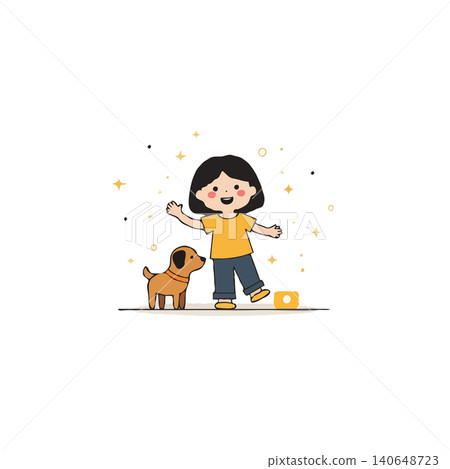 A charming vector illustration features a joyful girl with outstretched arms, accompanied by her endearing puppy. This scene captures their playful interaction, portraying a moment of A charming vector illustration features a joyful girl with outstretched arms, accompanied by her endearing puppy. This scene captures their playful interaction, portraying a moment of 140648723