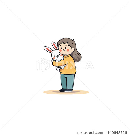 This is a charming cartoon illustration depicting a young girl lovingly embracing her white bunny. The image conveys a sense of friendship, tenderness, and the simple joy of connection between a This is a charming cartoon illustration depicting a young girl lovingly embracing her white bunny. The image conveys a sense of friendship, tenderness, and the simple joy of connection between a 140648726