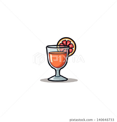 A charming illustration depicts a glass filled with a vibrant orange beverage, garnished with a decorative fruit slice. Isolated on a pristine white background, the image evokes feelings of 140648733