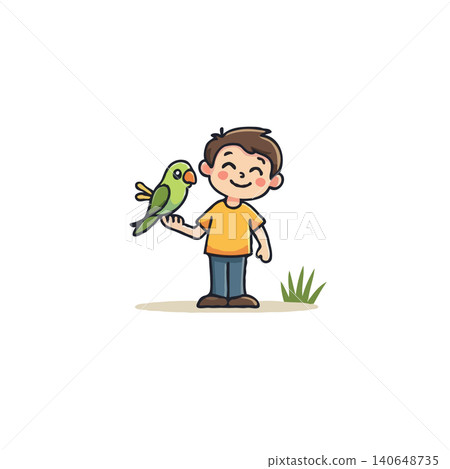A charming cartoon illustration shows a cheerful young boy with a bright smile, gently holding a vivid green parrot on his arm. This evokes feelings of companionship, joy, and the simple pleasure of A charming cartoon illustration shows a cheerful young boy with a bright smile, gently holding a vivid green parrot on his arm. This evokes feelings of companionship, joy, and the simple pleasure of 140648735