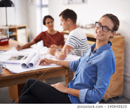 Woman, office and smile of designer and portrait of female person planning or brainstorming as professional. Co working, creative career for employee, happy and business people collaboration Woman, office and smile of designer and portrait of female person planning or brainstorming as professional. Co working, creative career for employee, happy and business people collaboration 140648820
