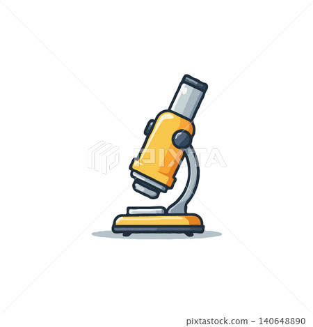 A cartoon illustration of a yellow and grey single-lens microscope, symbolic of scientific exploration and laboratory investigation. This image evokes the excitement of discovery and learning 140648890