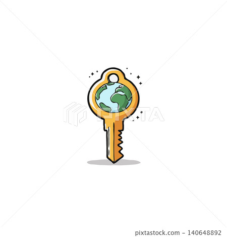 A golden key featuring a detailed earth globe embedded within its head signifies unlocking global solutions for sustainability and environmental preservation. The image represents access to a better 140648892