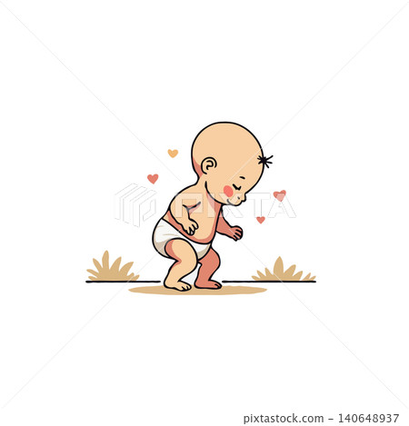 A charming illustration of a baby in a diaper, depicted in a simple and endearing style. The baby is surrounded by tiny hearts, conveying a sense of love and joy. This image radiates innocence, A charming illustration of a baby in a diaper, depicted in a simple and endearing style. The baby is surrounded by tiny hearts, conveying a sense of love and joy. This image radiates innocence, 140648937