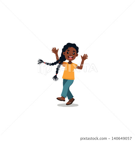 A vibrant cartoon illustration captures a young girl with a long braid enthusiastically waving her hands. The clean backdrop highlights her cheerful expression, radiating joy and positive energy. A vibrant cartoon illustration captures a young girl with a long braid enthusiastically waving her hands. The clean backdrop highlights her cheerful expression, radiating joy and positive energy. 140649057