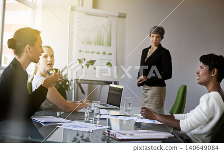 Business people, meeting and data analytics on board with talking, market research with stats and info for review. Analysis, team and numbers for growth in company, graphs and charts in boardroom 140649084