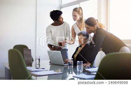 Business people, laptop and meeting for web design with discussion, team in boardroom with software and creative project. Collaboration, technology and group at digital agency for website development 140649098