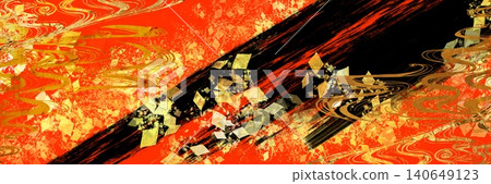 金箔、金粉和金屑紋理,水墨筆觸,以及朱紅色背景插圖。 金箔、金粉和金屑紋理,水墨筆觸,以及朱紅色背景插圖。 140649123