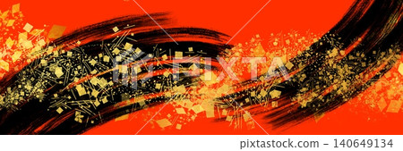 A New Year's-themed gold leaf dust and a luxurious horizontal vermilion background with ink-colored brushstrokes. A New Year's-themed gold leaf dust and a luxurious horizontal vermilion background with ink-colored brushstrokes. 140649134