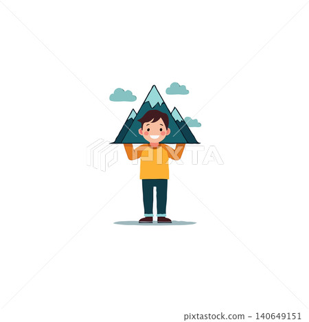 A delightful illustration features a smiling boy proudly holding a stylized mountain range. This image evokes a sense of outdoor adventure and imagination, perfect for themes of youth, travel, and A delightful illustration features a smiling boy proudly holding a stylized mountain range. This image evokes a sense of outdoor adventure and imagination, perfect for themes of youth, travel, and 140649151