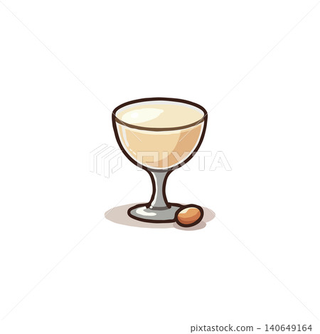 A delightful cartoon illustration featuring a glass filled with a creamy, light-colored liquid, paired with a small almond. The simplicity of the design and the warm color palette create a welcoming 140649164