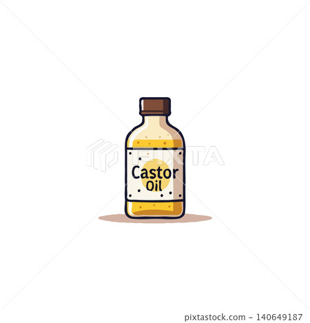 A stylized depiction of a bottle of castor oil with a minimalist design. The bottle contains a rich, golden liquid representing purity and wellness. This graphic is perfect for illustrating health 140649187