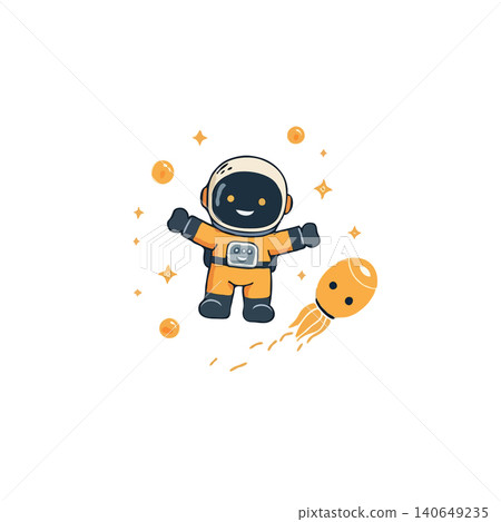 This whimsical illustration depicts a cheerful astronaut with arms outstretched next to a friendly rocket, evoking a sense of space exploration and imagination. The clean design and vibrant colors This whimsical illustration depicts a cheerful astronaut with arms outstretched next to a friendly rocket, evoking a sense of space exploration and imagination. The clean design and vibrant colors 140649235