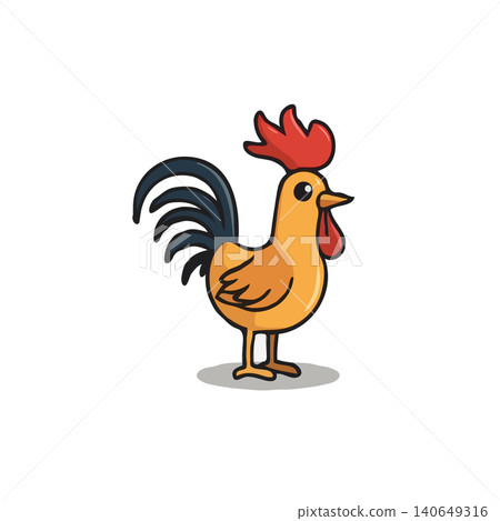 A charming cartoon illustration of a rooster stands cheerfully against a plain backdrop. This brightly colored fowl evokes a sense of joy and is ideally suited for use in children's books, 140649316