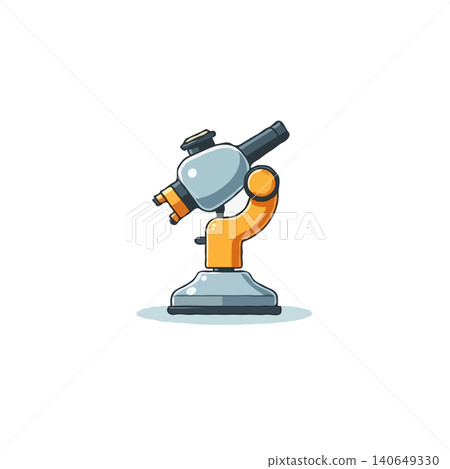 A stylized cartoon illustration of a microscope, featuring a vibrant orange arm and a sleek blue body. The instrument is poised on a grey base, ready for scientific observation and research. Perfect A stylized cartoon illustration of a microscope, featuring a vibrant orange arm and a sleek blue body. The instrument is poised on a grey base, ready for scientific observation and research. Perfect 140649330