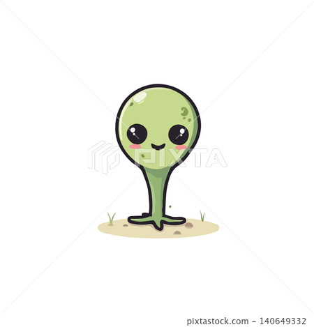 A light green alien is pictured standing on a patch of ground, the simple design features the alien's head and a petite body. The overall aesthetic uses a cartoonish style that aims for an 140649332