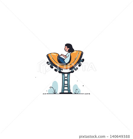 This cartoon illustration features a solitary girl absorbed in a book while seated in a quirky, uniquely structured platform. The whimsical design evokes a sense of imagination and peaceful 140649388
