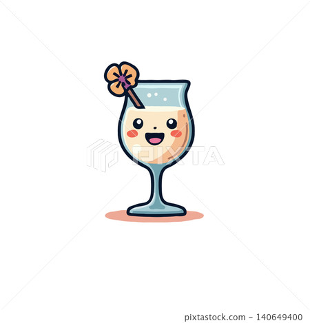 A charming cartoon illustration presents a cheerful glass of beverage complete with a delightful floral garnish and a happy facial expression. This delightful artwork infuses a playful and whimsical 140649400