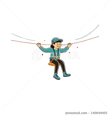 A cheerful girl joyfully rides a rope swing, suspended between two points. The cartoon illustration evokes a sense of lighthearted adventure and carefree enjoyment, perfect for illustrating themes A cheerful girl joyfully rides a rope swing, suspended between two points. The cartoon illustration evokes a sense of lighthearted adventure and carefree enjoyment, perfect for illustrating themes 140649405