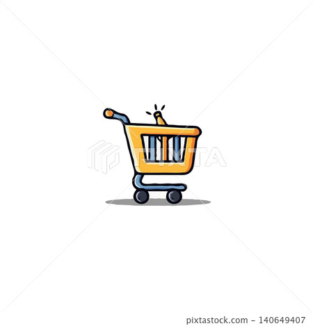 A charmingly simplistic illustration of a shopping cart with a single, unidentifiable item inside. The vibrant color accents give it a modern and playful feel. It is isolated on a white background 140649407